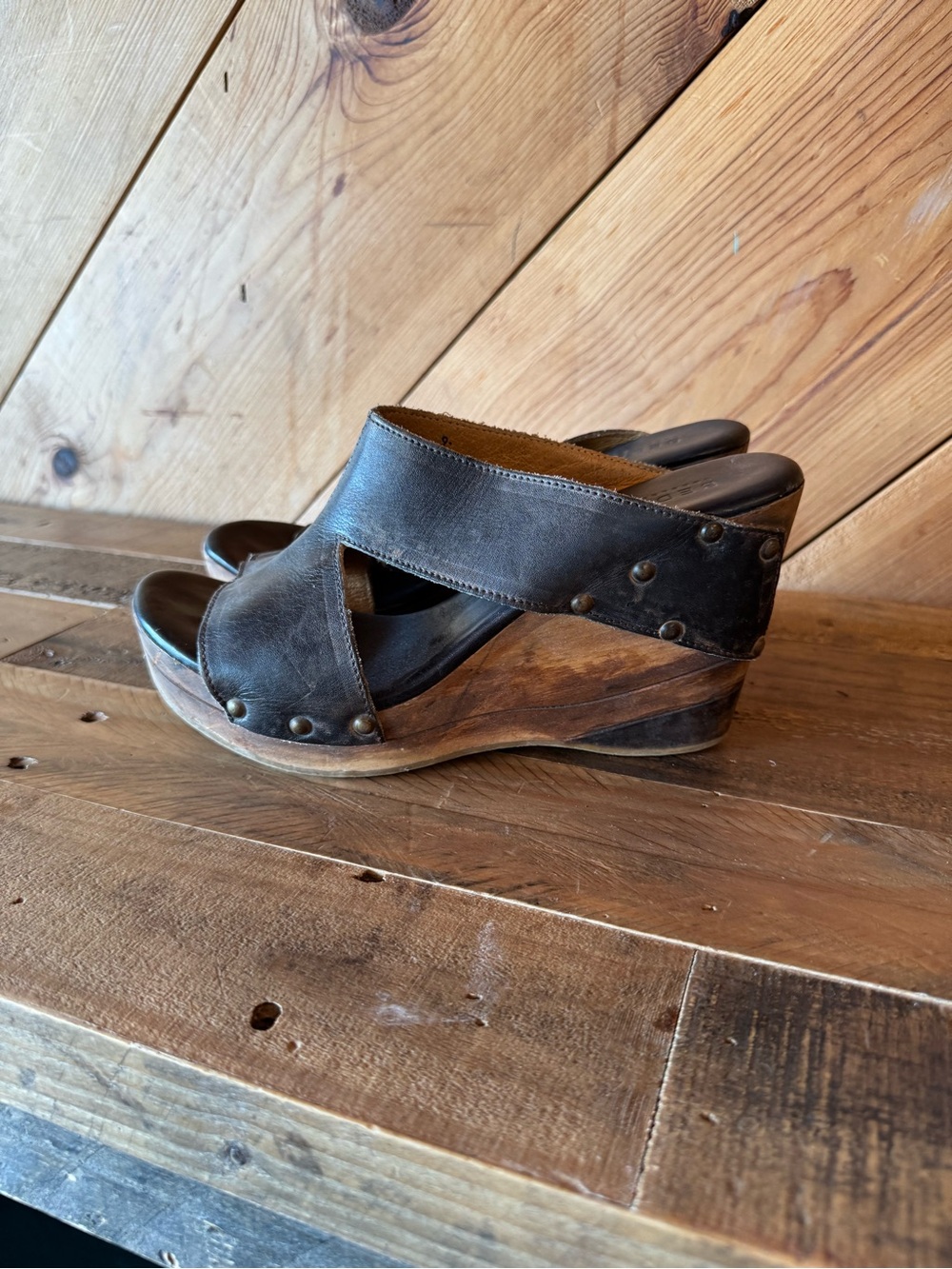 Bed Stu Black Leather Platform Wedge Sandals with Wood-Effect Sole
